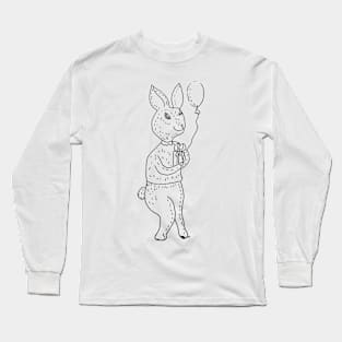 Rabbit with a gift, holiday, congratulations. Hand drawn illustration sketch Long Sleeve T-Shirt